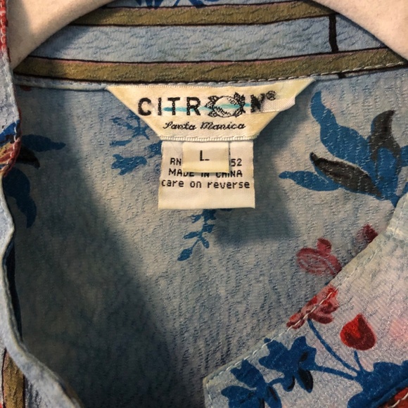 Citron floral silk button front Mandarin Collar Large - Picture 3 of 4